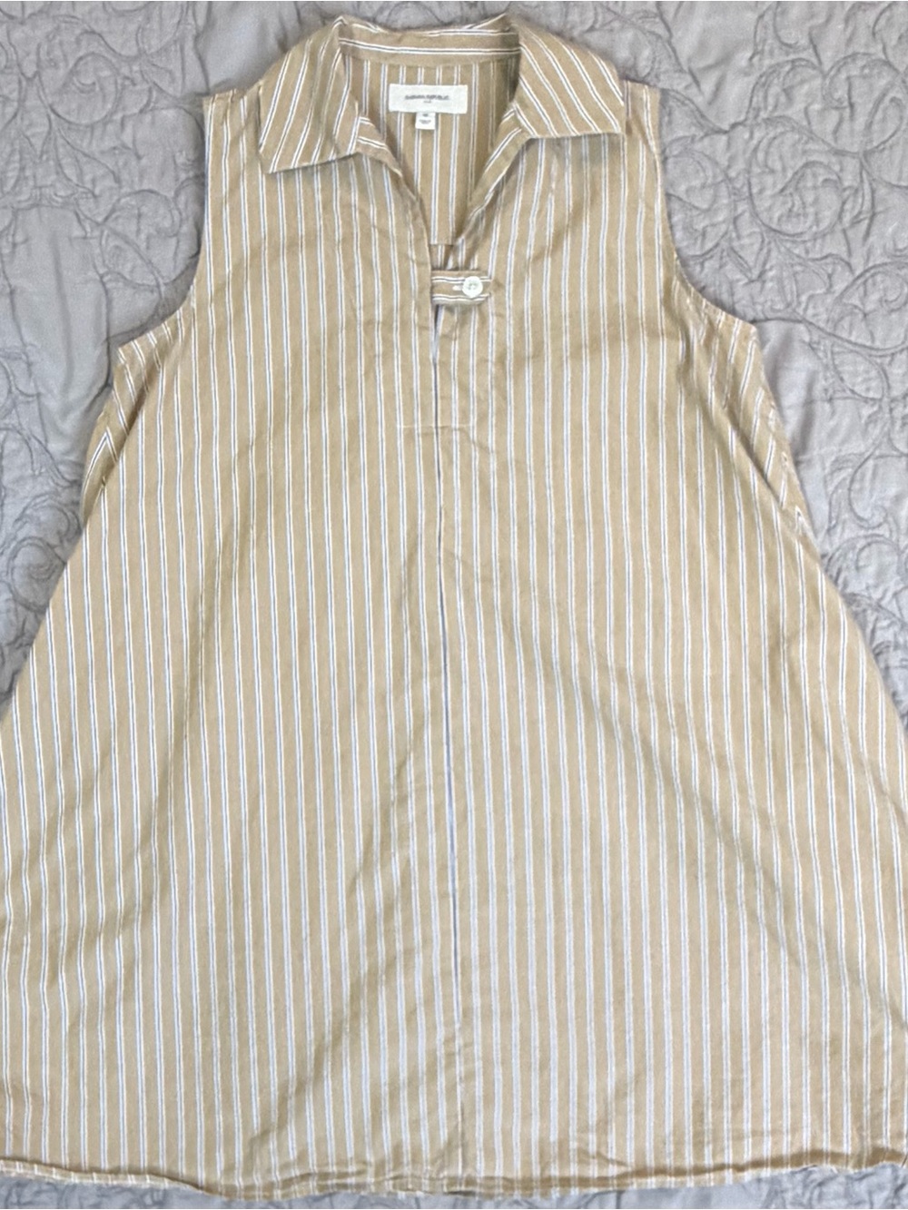 Banana Republic Dress Medium 100% Cotton Tan Striped Trapeze Mini Sleeveless - Picture 2 of 10